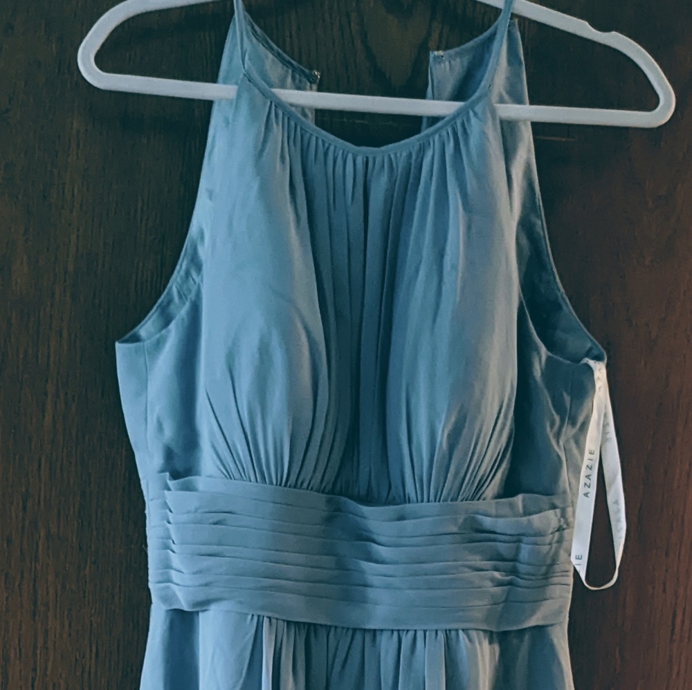 Dusty blue Azazie bridesmaid dress